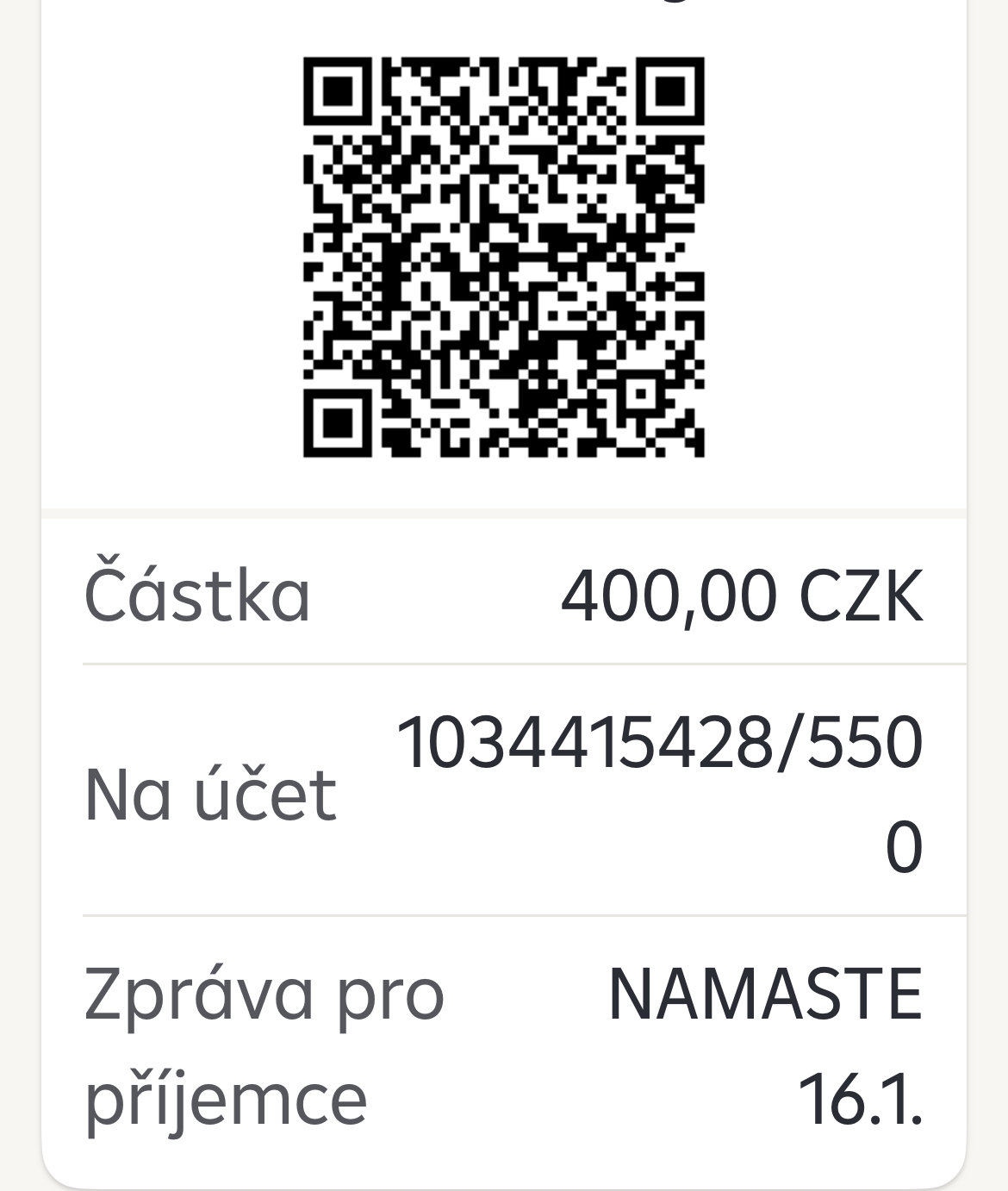 Do poznámky napište NAMASTE a své jméno, pokud neplatíte ze svého účtu.